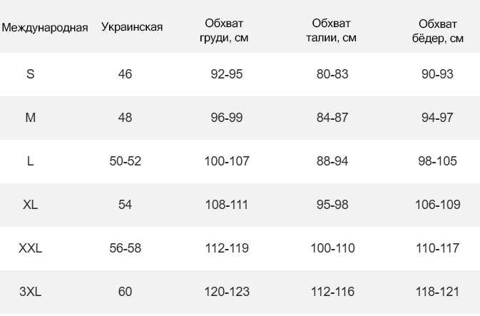 Таблица размеров
